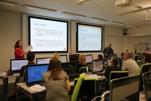 Professor Michaela Mahlberg and Professor Peter Stockwell from the CLiC Dickens project presenting at the teacher workshop.