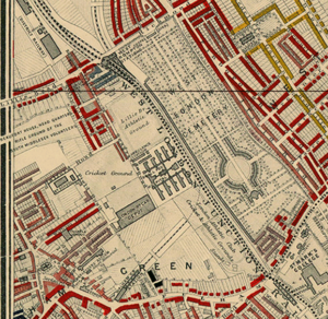 Detail showing Lillie Bridge from Charles Booth’s 1889 descriptive map of London poverty. Houses marked in red were “Middle-class. Well to do.” Those in gold were “Upper-middle and Upper classes. Wealthy.” These were the highest two of Booth’s seven classifications. 