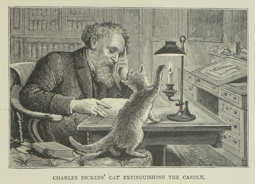 An illustration of Charles Dickens sitting at his desk, with his cat extinguishing the candle.